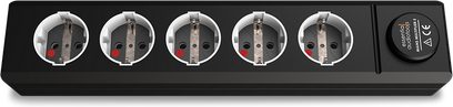 Sort EAT Essential Audio Tools MM5 strømskinne, 5 Schuko-stik, afbryder, røde indikatorlamper, tykt kabel