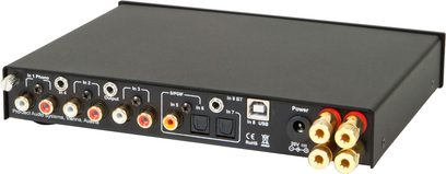 Pro-Ject MaiA sølvfarvet stereo hi-fi-forstærker, frontpanel med RCA-, USB-, S/PDIF-stik, knapper og røde og hvide LED-indikatorer