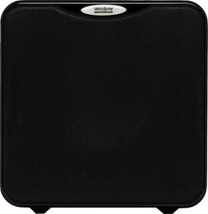 Velodyne MicroVee X sort subwoofer, forfra set med sort frontgitter og afrundede hjørner