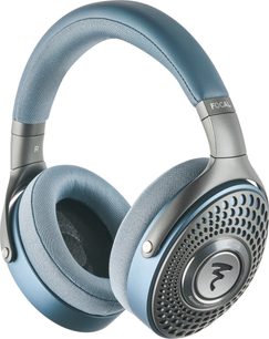 Стерео слушалки с затворен дизайн Focal AZURYS, лъков механизъм и меки възглавнички в светлосин цвят, кръгли перфорирани тапи, изглед отпред
