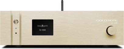 Integrert hi-fi-forsterker Gold Note IS-1000 MKII LINE gull i børstet aluminium, svart skjerm, knapp til høyre, jack-kontakt