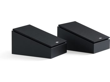Paire d’enceintes Dolby Atmos Eltax Monitor ATM Neo noires, vues de trois quarts avec grilles inclinées