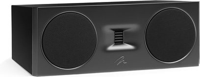 Centrální reproduktor MartinLogan Motion C10 v černém laku s dvěma černými kruhovými mřížkami a centrálním obdélníkovým výškovým reproduktorem