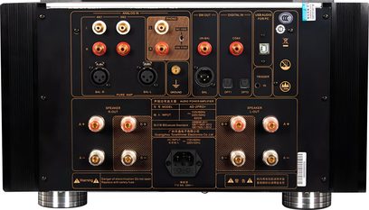 Tonewinner AD2 Pro+ integreret stereo transistorforstærker set bagfra med højttalerterminaler og talrige lydindgange
