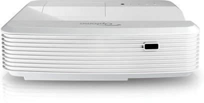 Optoma GT5500+ hvid videoprojektor, set forfra, afrundet rektangulær form, gitre foran, USB-port på siden