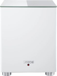 Caisson de basses Canton Smart Sub 8 blanc mat vue de face, dessus en verre et pieds cylindriques métal