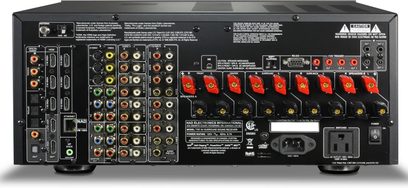 Ampli home-cinéma NAD T787 graphite, vue de face, nombreuses prises et boutons sur la façade, 9 boutons rouges à droite