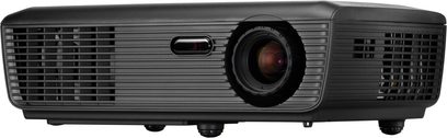 Optoma ES526 sort videoprojektor set forfra, projektionslinse, ventilationsriste på siderne