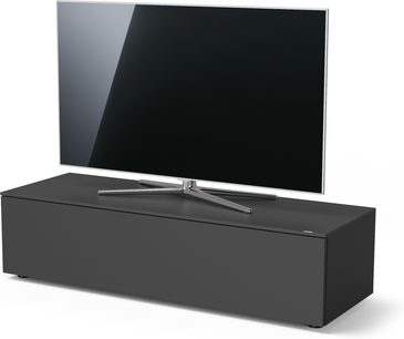 Niska szafka TV Spectral Next NXS1600-BG w matowym czarnym kolorze, na płaski ekran, z błyszczącą przednią częścią, chromowanymi nogami, widok z przodu