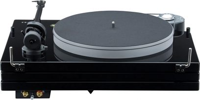 Music Hall MMF 9.3 sort pladespiller, set ovenfra, mat sort pladedrev, tonarm, pickup, tonarmløfter, justeringskontroller