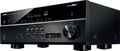 Yamaha RX-V583 sort hjemmebiografsforstærker, set forfra, sort front med knapper, drejeknapper, skærm, hovedtelefonstik og USB-port