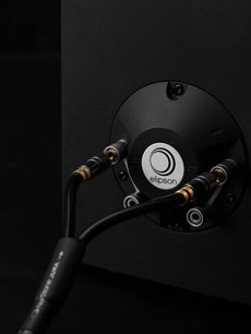 Cavo per diffusori Norstone Cable Jura MC collegato a un pannello posteriore nero con connettori dorati e logo circolare Elipson al centro