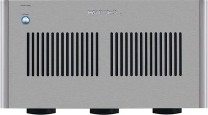 Rotel RMB-1585MKII flerkanals effektforsterker sølv, frontvisning, svart ventilasjonsgitter, blå sirkulær knapp