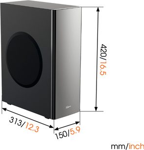 Rektangulært sort vægbeslag til TV med cirkulær åbning på forsiden, dimensioner 420/16,5 x 313/12,3 x 150/5,9 mm/tommer