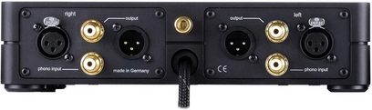 ClearAudio Balance v2 sort phono-forforstærker, bagside, venstre/højre RCA-indgang/udgang, strømstik, vælger, 120 tegn