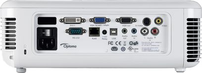 Optoma EX774N hvid videoprojektor, bagside, tilslutninger omfatter VGA, HDMI, USB, lyd og video, RS-232 og RJ45