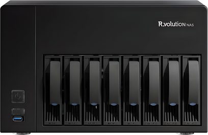 NAS R_volution nero a 8 alloggiamenti, vista frontale, con pulsante di alimentazione e porta USB sul pannello frontale