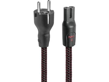 Napájecí síťový kabel Audioquest NRG-Z2 1 m černý a červený, textilní opletený plášť, konektor Schuko samec a konektor IEC C7 samice z černého plastu, pohled zepředu
