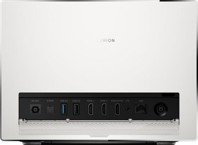 Valerion StreamMaster Plus 2 white projector in smooth plastic, rear view showing a black row of connectors including DC power, S/PDIF, USB 3.0 and 2.0, three HDMI ports, headphone jack, LAN port, and power button