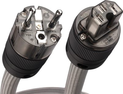 Síťový napájecí kabel STPC-TS 1,5 m, detailní pohled, konektory samec a samice, stříbrný povrch, černé koncovky