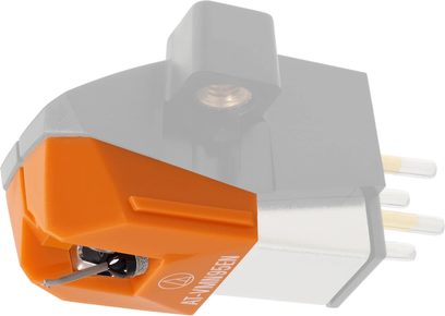 Diamant til pladespiller AT-VMN95EN, sort vinklet krop, orange hus, synlig nålespids, guldbelagte metalstik bagpå