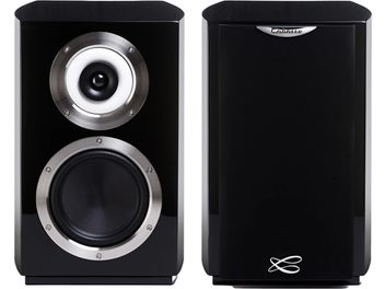 Diffusori da libreria Cabasse Murano, cabinet laccato nero, frontale nero opaco, altoparlanti circolari in metallo spazzolato