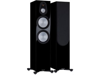 Тонколони тип колона Monitor Audio Silver 500 7G в черен лак, изглед отпред, два овални сребристи говорителя на черен преден панел