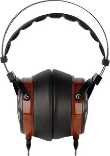 Åben hi-fi hovedtelefon Sendy Audio Apollo, sort og træ, hovedbøjle og ørepuder i læder, cirkulære transducere, set forfra