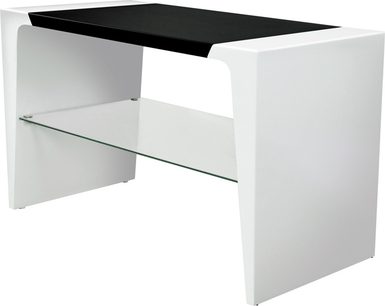 Norstone Design Arken 900 hvid og sort audio-/videomøbel, set forfra, bestående af en sort hylde og to hvide glasskabe