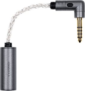 HI-FI-hovedtelefonkabel iFi Audio iEMatch 4.4, cylindrisk kasse i grå metal, flettet ledning, vinklet 4,4 mm forgyldt stik, front