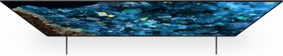 Sony XR65A80L high-definition televisie, onderaanzicht, plat scherm, afbeelding van blauwe kristallen, dunne randen, centrale standaard