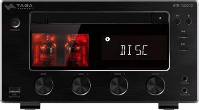 Parte frontale di un sistema audio Taga Harmony HTR-1000CD nero, valvole a vuoto rosse, manopole, slot per CD, porte USB