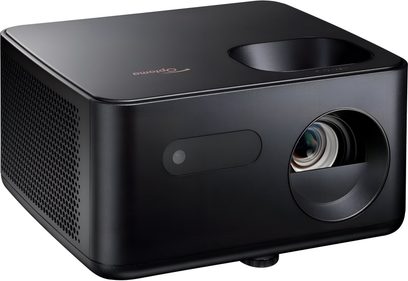 Videoproiettore Optoma Photon Life PH31 nero in plastica opaca, vista a tre quarti frontale, obiettivo incassato e griglia perforata