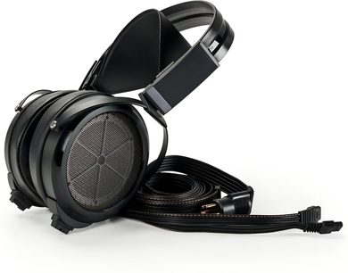 STAX SR-009D fekete hi-fi fejhallgató, bőr fejpánttal és széles, nyitott, fémrácsozatú fülpárnákkal, kábellel