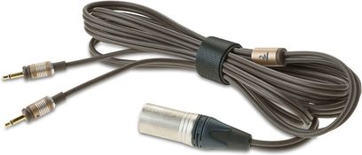 Cablu audio negru cu conectori RCA auriți și cablu gri cu conector jack de 6,35 mm, înfășurate
