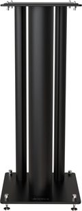 Μαύρο σατέν βάση ηχείου Norstone Stylum Max, με γυαλιστερή μαύρη κατακόρυφη δομή, ορθογώνια βάση, ρυθμιζόμενα πέλματα