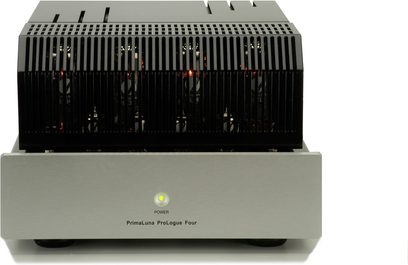 PrimaLuna ProLogue Four sølvfarvet forstærker, frontvisning, 4 vakuumrør, ventilationsgitter, tænd/sluk-knap