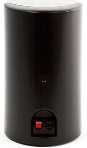 Sort cylindrisk kompakt Klipsch HDT-500 højttaler, set forfra, med sort gitter og rød knap på basen