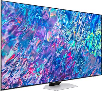Televizor Samsung QE55QN85B 2022 s plochou obrazovkou zobrazující barevné abstraktní tvary v odstínech modré a fialové