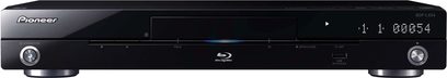 Pioneer BDP-LX54 sort Blu-ray-afspiller, set forfra, blå LED-display, knapper og diskskuffe på forsiden