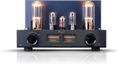 Cayin Jazz 100 sort integrert stereorørforsterker i børstet aluminium, frontvisning med seks synlige opplyste rør, to oransje bakbelyste VU-metre, to store sirkulære knotter og hodetelefonutgang