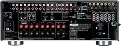 Yamaha RX-V663 hjemmebiograf-forstærker, frontpanel, mange stik og kontrolknapper, digitalt display, sort farve