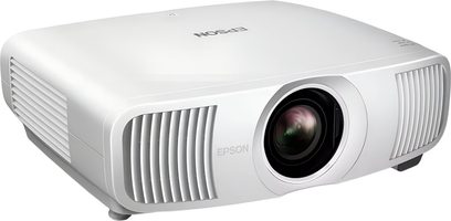 Epson EH-LS9000W white plastic video projector, three-quarter front view, front lens and side grilles