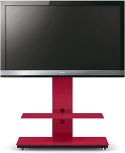 Červeno-černý TV stolek, plochá obrazovka, červená obdélníková základna se dvěma úrovněmi, černé nohy