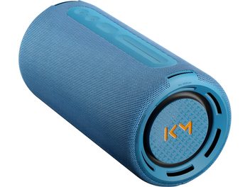 Bærbar Bluetooth-højttaler Loewe We. HEAR pro denimblå, cylindrisk format med tekstureret gitter og betjeningselementer på toppen