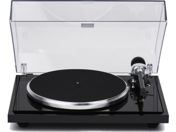 Hi-Fi-Plattenspieler EAT European Audio Team B-Sharp schwarz, Vorderansicht, hochgeklappter transparenter Deckel, schwarzer runder Plattenteller, Tonarm rechts