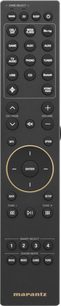 Sort Marantz CINEMA 70s Serie 2-fjernbetjening, kildeknapper, lydstyrke og gyldent cirkulært navigationsfelt
