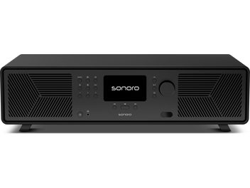 Sistem hi-fi Sonoro Avaton negru mat, carcasă cu aspect plastic, vedere din față, ecran, buton rotativ, grătare cu lamele