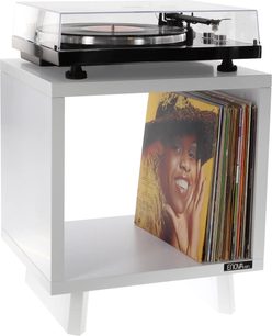 Hvid kubisk Enova HIFI Vinyle Lover-møbel med sort pladespiller på toppen og vertikale rum til albums på forsiden