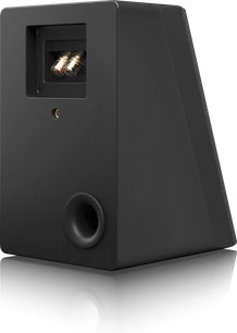 SVS Ultra Elevation Dolby Atmos-høyttaler i sort ask sett fra 3/4 bak, med tilkoblingsterminaler og koaksiale høyttalere